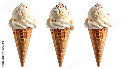Triple scoops of vanilla ice cream in waffle cones on black