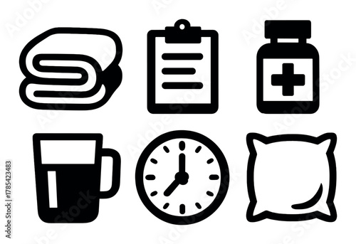 Comfort items and health essentials: blanket, clipboard, medicine bottle, mug, clock, pillow