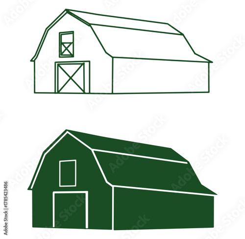 Green outline and solid barn illustrations representing farm buildings on white background