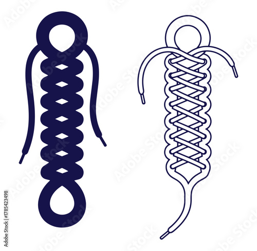 Illustrated styles of shoe lacing designs in a navy blue and white minimalist aesthetic