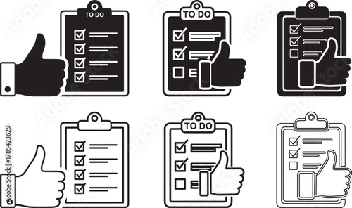 Six clipboard to do list icons set with thumbs up approval checklist task