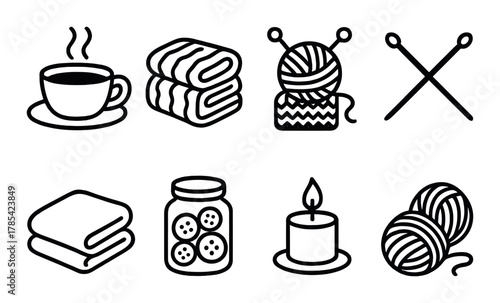 Cozy crafts and warm beverages: knitting, yarn, and comfort symbols