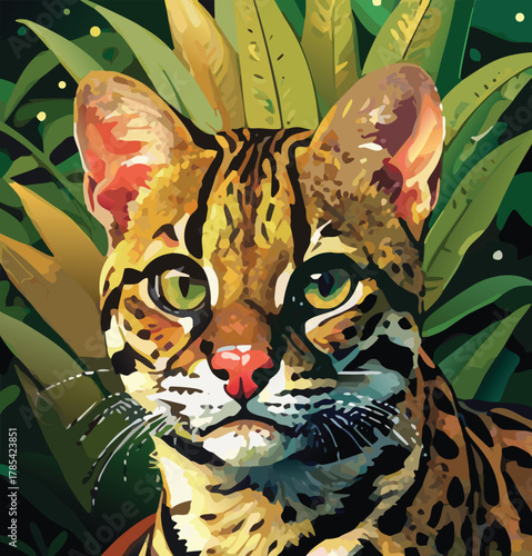 Detail close-up oncilla or tiger cat vector illustration in the jungle woods, perfect for postcard or any design needs
