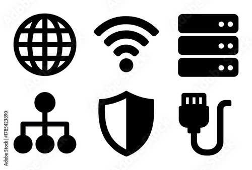 Network icons: globe, wi-fi, server, network, shield, cable