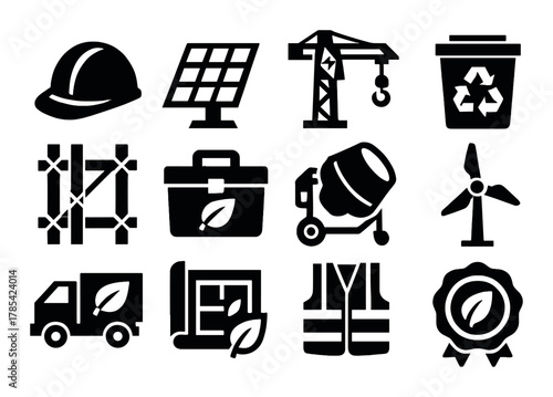 Sustainable construction icons featuring solar panels wind turbine and recycling