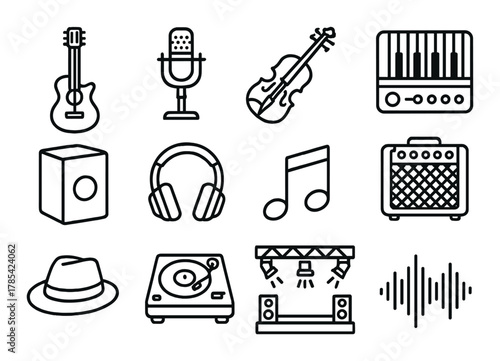 Music icons: guitar, microphone, violin, keyboard, speakers, turntable and more