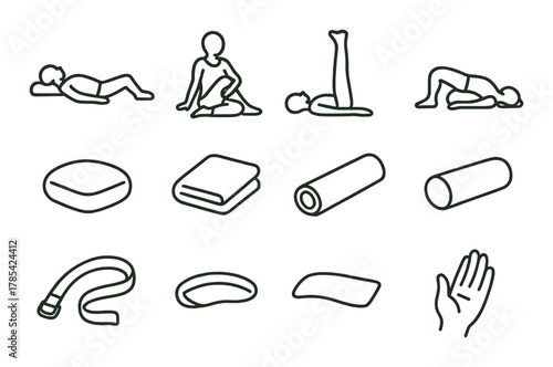 Yoga exercise and equipment icons on gradient background