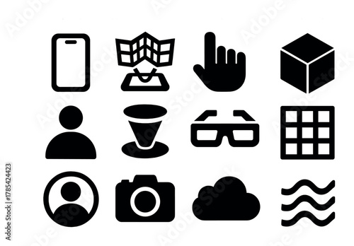 Set of minimalist black icons for technology and multimedia applications