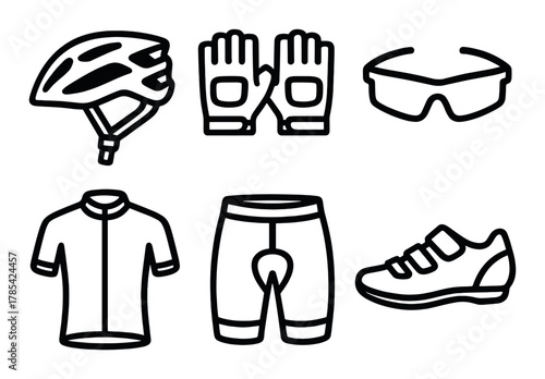 Essential cycling gear icons: helmet, gloves, sunglasses, jersey, shorts, shoes