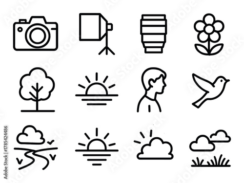 Icon set: camera, photography equipment, nature, human profile, bird