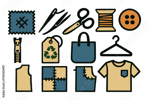 Sewing and fashion icons featuring tools, clothing, and accessories