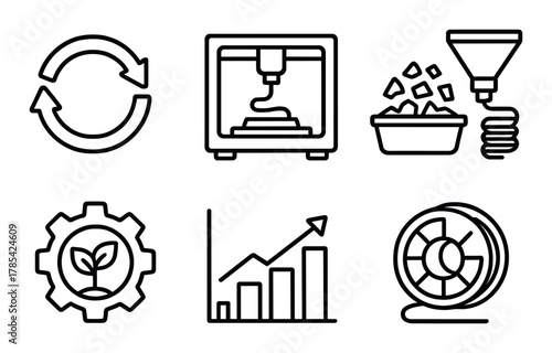 Black icon set: 3d printing, recycling, eco-friendly, technology symbols