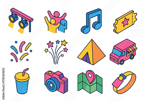 Colorful festival icons: music, tickets, fireworks, camping, travel, and entertainment
