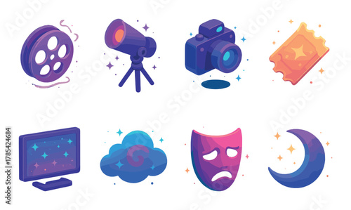 Glowing entertainment icons with camera and theater mask in neon style