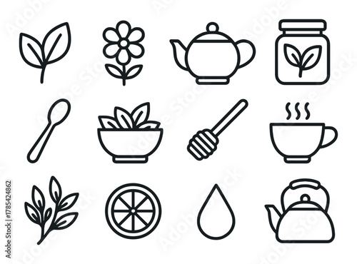 Herbal icon set with teapot, flower, spoon, and teacup illustrations