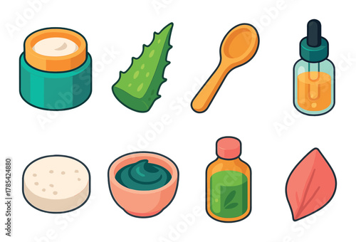 Natural skincare ingredients and tools arrangement with aloe, creams, and oils