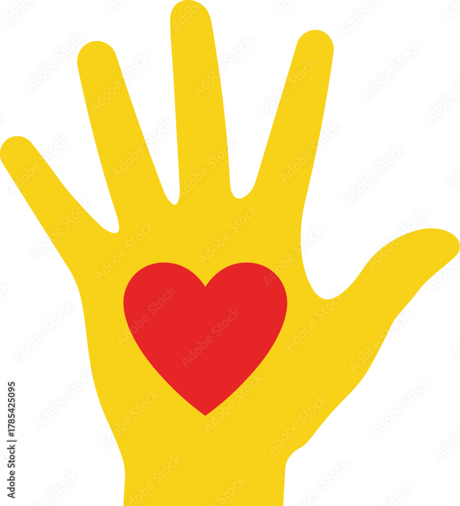 Obraz premium Yellow hand with red heart symbol on white background vector