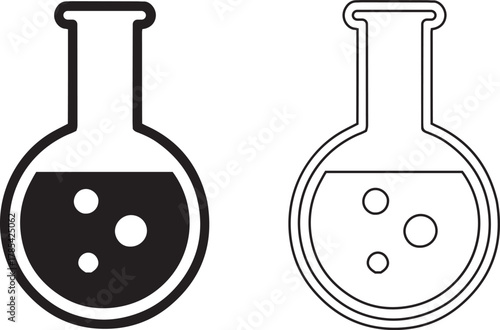 Black and white laboratory flask icons with bubbles science experiment