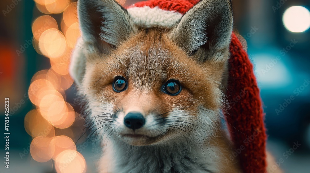 Obraz premium Baby fox wearing red Santa hat. Blurred holiday lights background