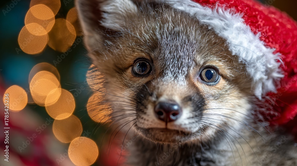 Obraz premium Baby fox wearing red Santa hat. Blurred holiday lights background
