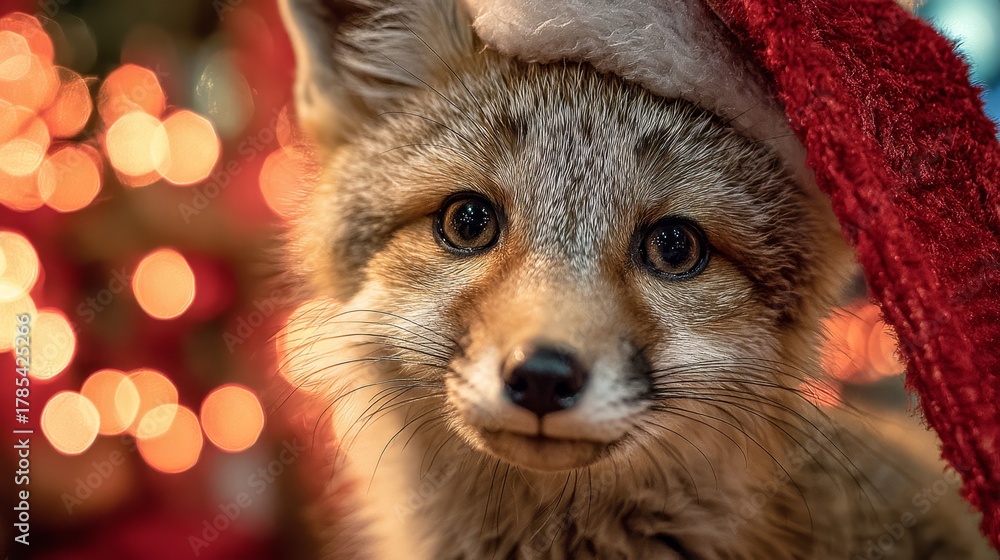 Obraz premium Baby fox wearing red Santa hat. Blurred holiday lights background