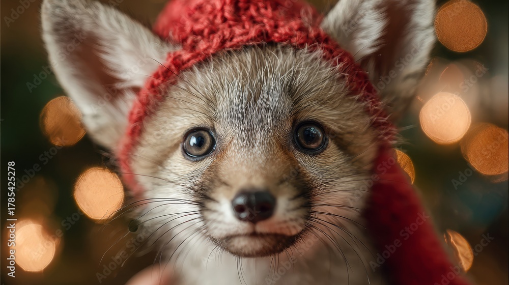 Obraz premium Baby fox wearing red Santa hat. Blurred holiday lights background
