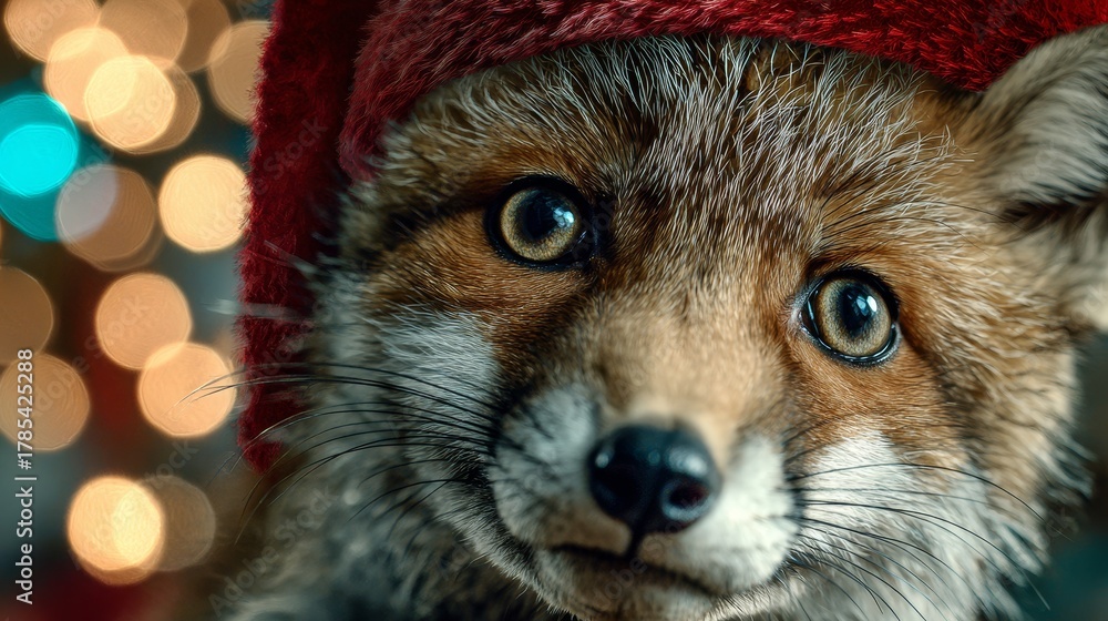 Obraz premium Baby fox wearing red Santa hat. Blurred holiday lights background