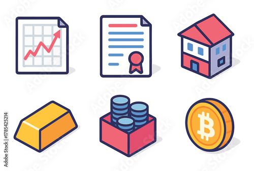 Finance icons: growth chart, certificate, house, gold, coins, bitcoin