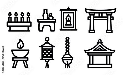 Simple line icons of asian religious symbols and temples on dark background
