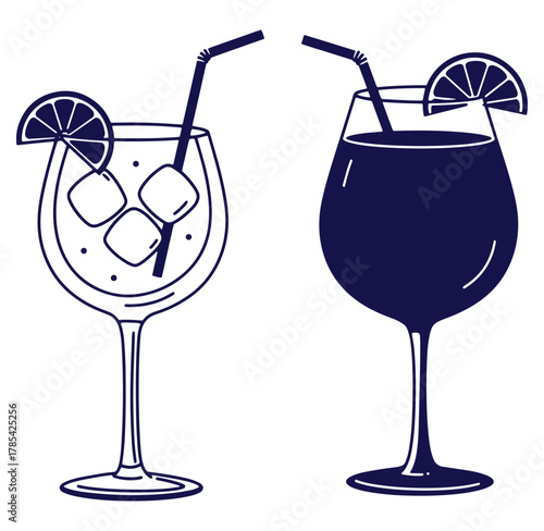 Two elegant cocktails with lemon garnish and straws in vector illustration style