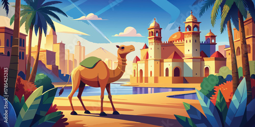 Desert animal illustration of a dromedary camel in Arabic old city