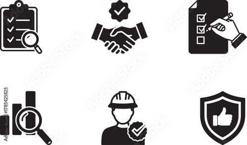 Checklist clipboard handshake bar chart worker shield thumbs up icons set