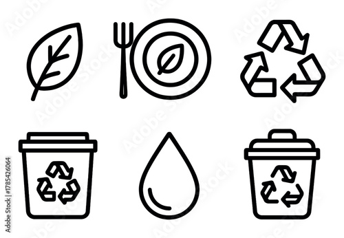 Eco-friendly symbols: leaf, plate, recycle, trash bin, water drop icons on dark background