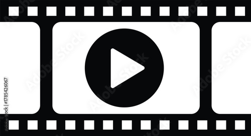 Black play button icon on white film strip frame video media