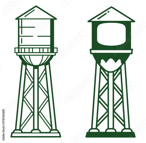 Vector illustration of two detailed green water tower designs on a white background.