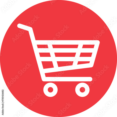White shopping cart icon on a red circular background trolley commerce