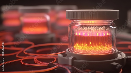 Close up of glowing flow cytometry equipment with laser excitation paths