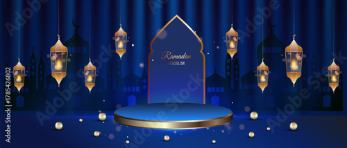 Luxurious 3D podium for showcasing products for Ramadan/Eid. Vector background in blue tones with golden decor, featuring a mosque and traditional lanterns.