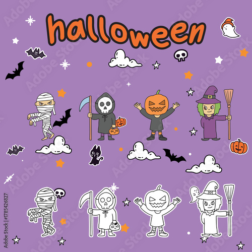 doodle cute funny cartoon monster halloween characters clip art hand drawn collection coloring comic page or book