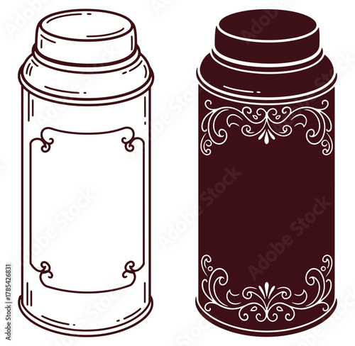 Vector illustration of two vintage style bottles with ornate designs and empty label space
