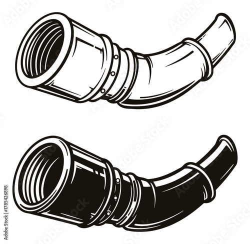 Vintage illustration of a shofar religious symbol in two contrasting black and white styles