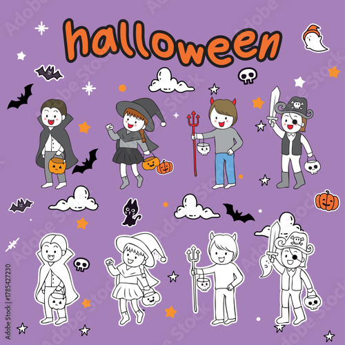 doodle cute funny cartoon monster halloween characters clip art hand drawn collection coloring comic page or book