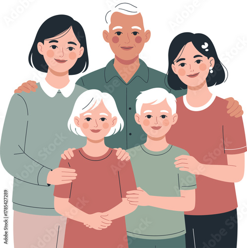 Flat Vector Illustration of Multi-Generational Family Group Portrait