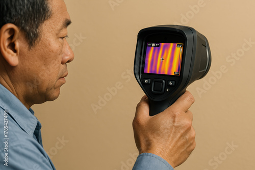 engineer analyzing temperature variations using handheld thermal imaging camera for building inspection and energy efficiency