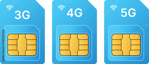 Three blue SIM cards showing 3G 4G and 5G connectivity SIM card mobile