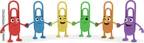 Happy cartoon paperclips holding hands in a rainbow of colors
