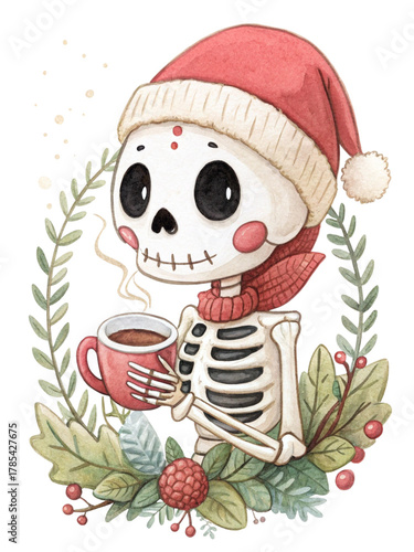 Christmas Skeleton Coffee Watercolor Illustration