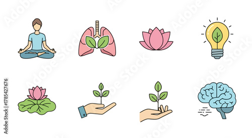 Wellness icons yoga, lungs, lotus, lightbulb, brain
