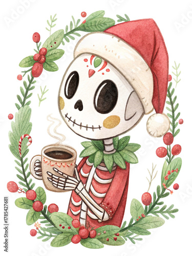 Christmas Skeleton Coffee Watercolor Illustration