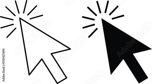 Two computer mouse cursor arrow icons one outlined one solid black click